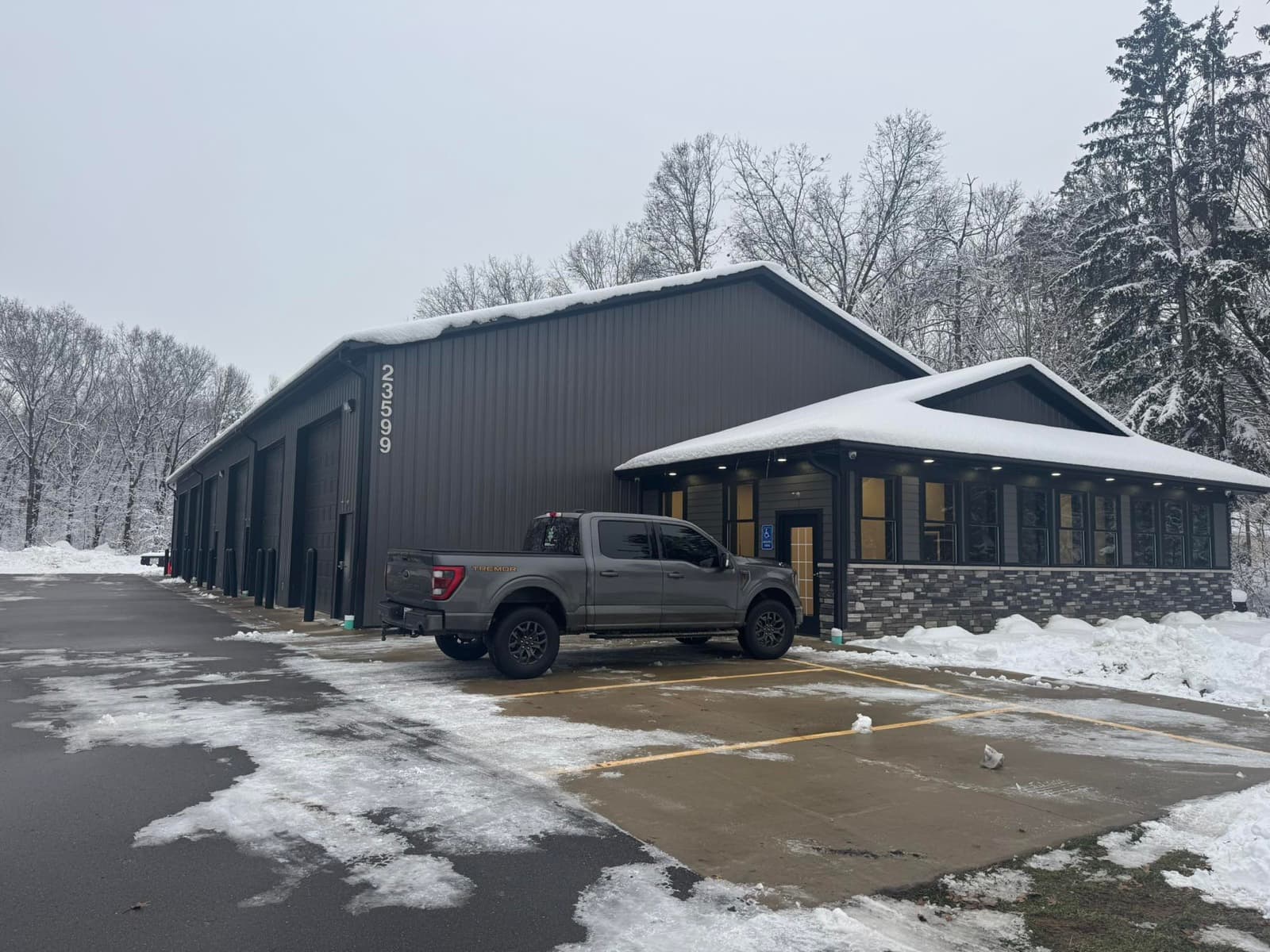 Smart Septic shop and offices at 23599 Red Arrow Hwy in winter